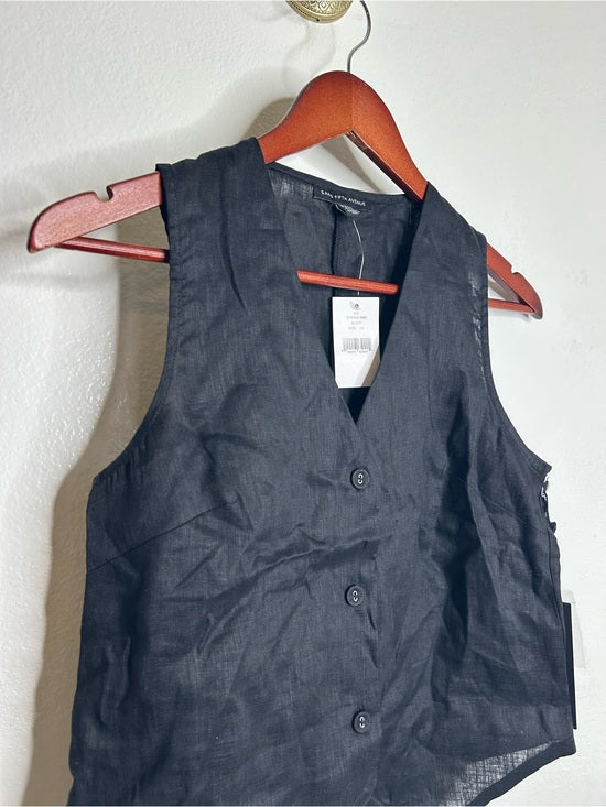Saks Fifth Avenue 100% Linen Black Button Down V- Neck Fitted Vest Top