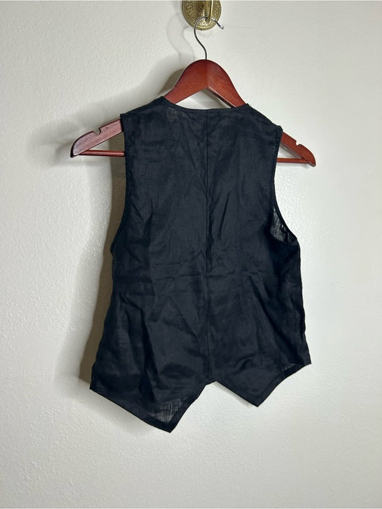 Saks Fifth Avenue 100% Linen Black Button Down V- Neck Fitted Vest Top