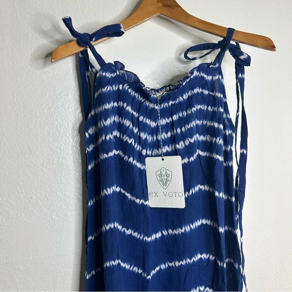 Ex - Voto 100% Cotton Iris Loose Fit Tie Strap Sundress in Blue Tie Dye M/L