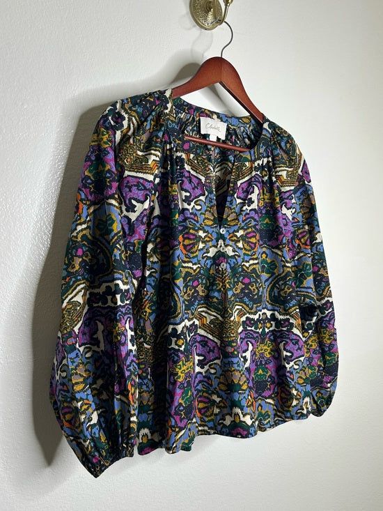 Cleobella 100% Organic Cotton Multicolor Puff Sleeve Poplin Blouse