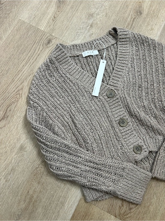 One Grey Day One Grey Day 100% Cotton Taupe Tan Thick Knit Button Down Cardigan Sweater - Cotton