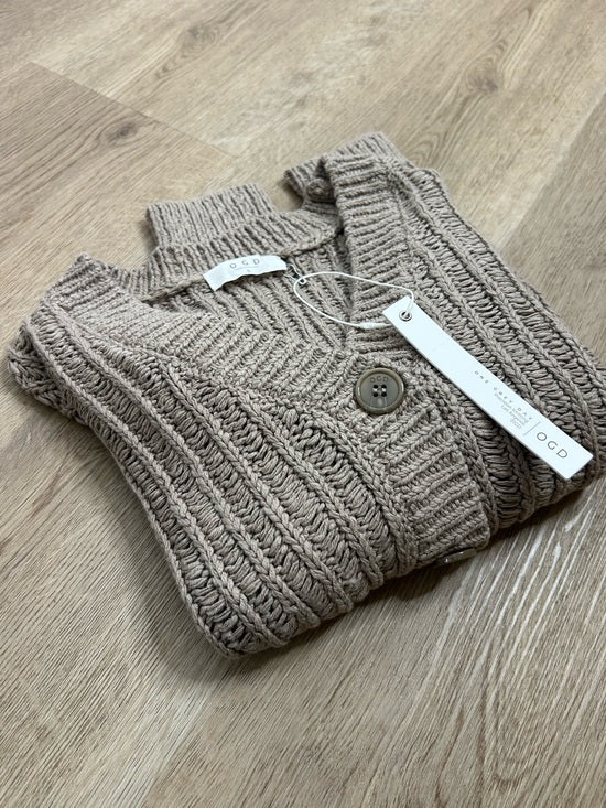 One Grey Day One Grey Day 100% Cotton Taupe Tan Thick Knit Button Down Cardigan Sweater - Cotton