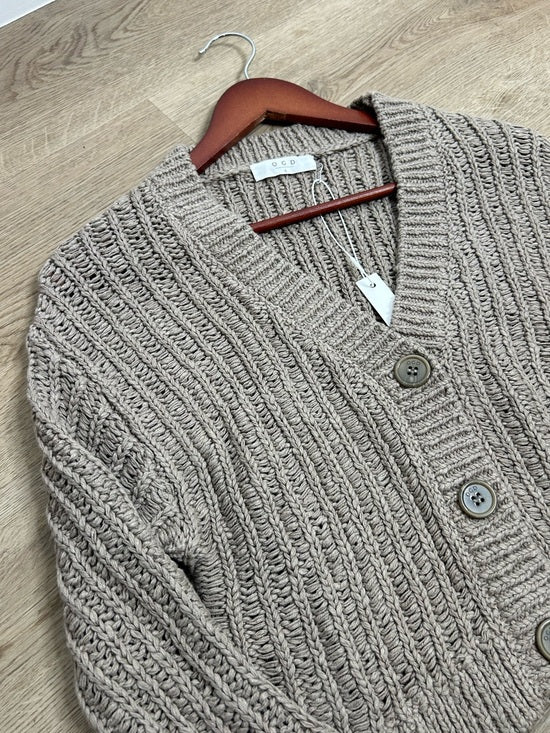 One Grey Day 100% Cotton Taupe Tan Thick Knit Button Down Cardigan Sweater
