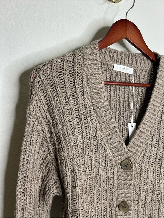 One Grey Day 100% Cotton Taupe Tan Thick Knit Button Down Cardigan Sweater