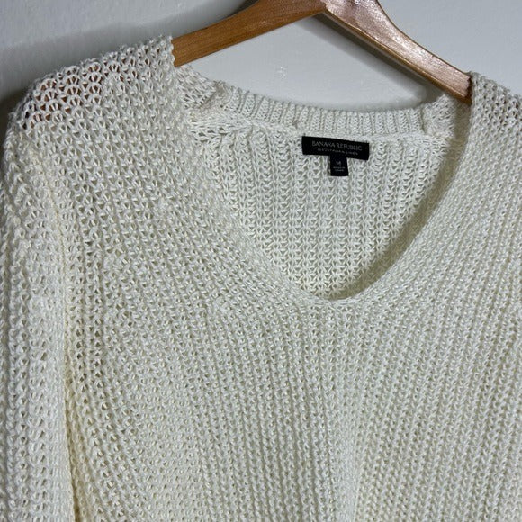Banana Republic 100% Italian Linen Thick Knit Cream V - Neck Pullover Sweater