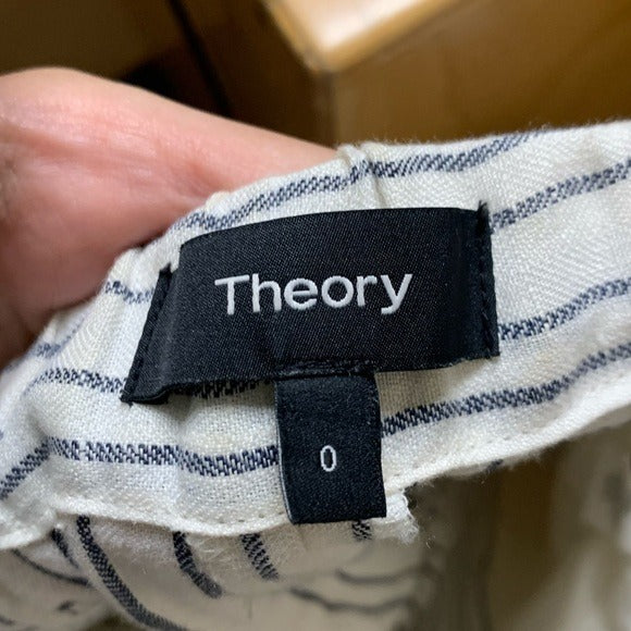 Theory 100% Linen Striped Straight Leg Cropped Pant