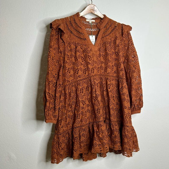 AE77 AE77 100% Organic Cotton Rust Color Peasant Style Eyelet Dress - Cotton
