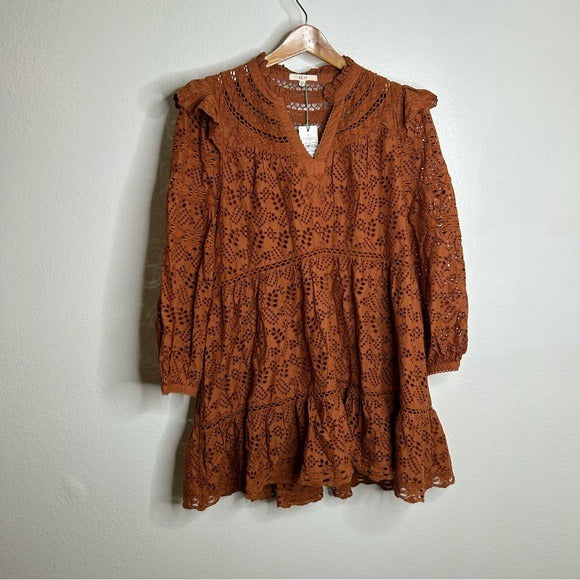 AE77 AE77 100% Organic Cotton Rust Color Peasant Style Eyelet Dress - Cotton