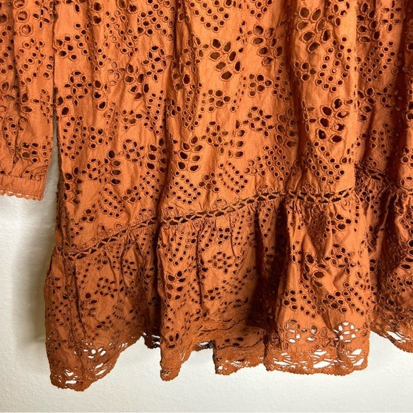 AE77 100% Organic Cotton Rust Color Peasant Style Eyelet Dress