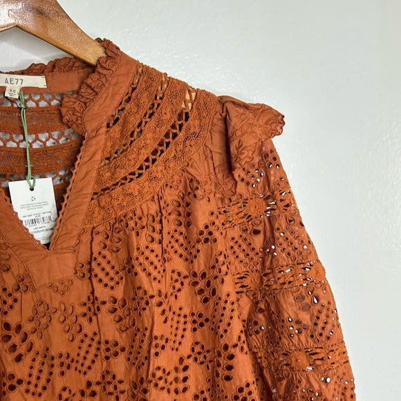 AE77 100% Organic Cotton Rust Color Peasant Style Eyelet Dress