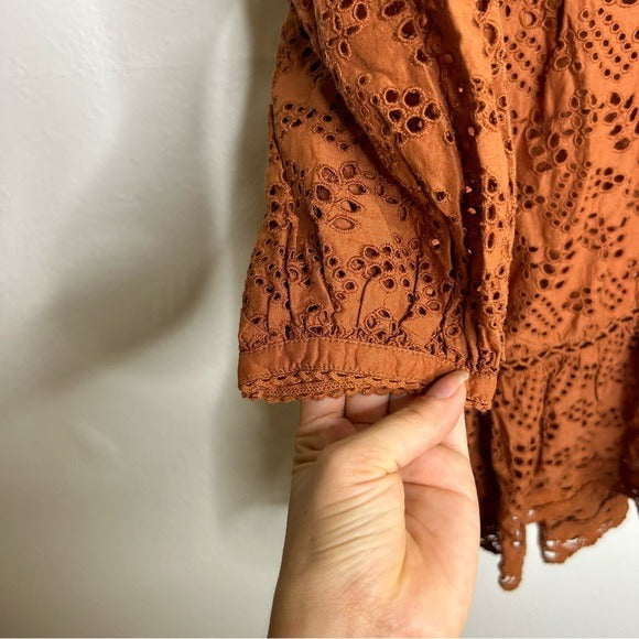 AE77 100% Organic Cotton Rust Color Peasant Style Eyelet Dress