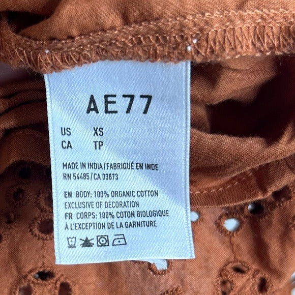 AE77 100% Organic Cotton Rust Color Peasant Style Eyelet Dress