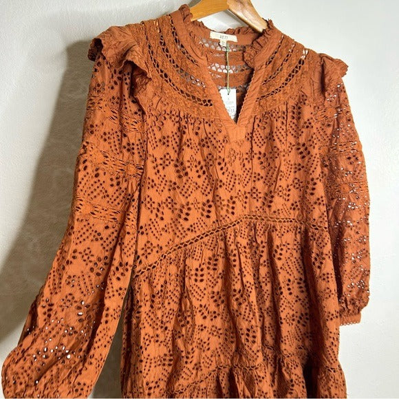 AE77 AE77 100% Organic Cotton Rust Color Peasant Style Eyelet Dress - Cotton