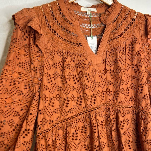 AE77 AE77 100% Organic Cotton Rust Color Peasant Style Eyelet Dress - Cotton