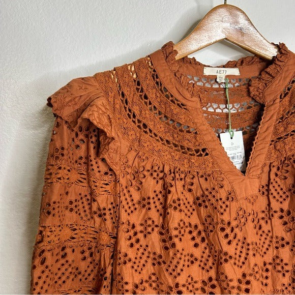 AE77 AE77 100% Organic Cotton Rust Color Peasant Style Eyelet Dress - Cotton