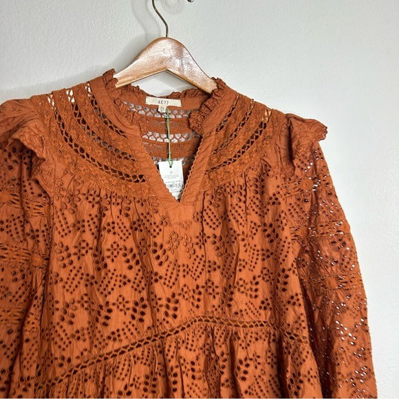 AE77 AE77 100% Organic Cotton Rust Color Peasant Style Eyelet Dress - Cotton