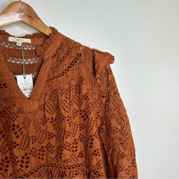 AE77 100% Organic Cotton Rust Color Peasant Style Eyelet Dress