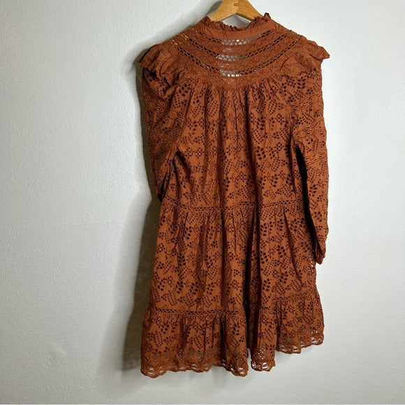 AE77 100% Organic Cotton Rust Color Peasant Style Eyelet Dress