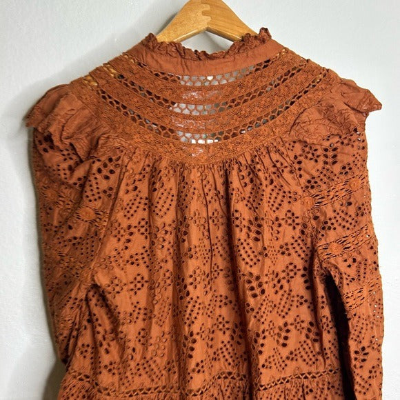 AE77 100% Organic Cotton Rust Color Peasant Style Eyelet Dress