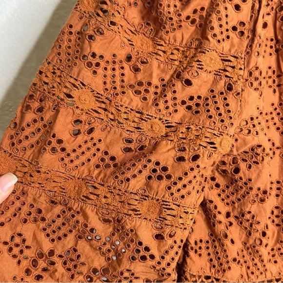AE77 100% Organic Cotton Rust Color Peasant Style Eyelet Dress