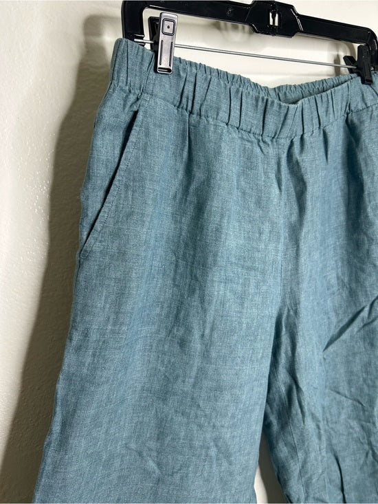 Eileen Fisher 100% Organic Linen Blue Straight Leg Cropped Pull on Pant Petite