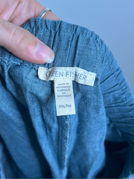 Eileen Fisher 100% Organic Linen Blue Straight Leg Cropped Pull on Pant Petite