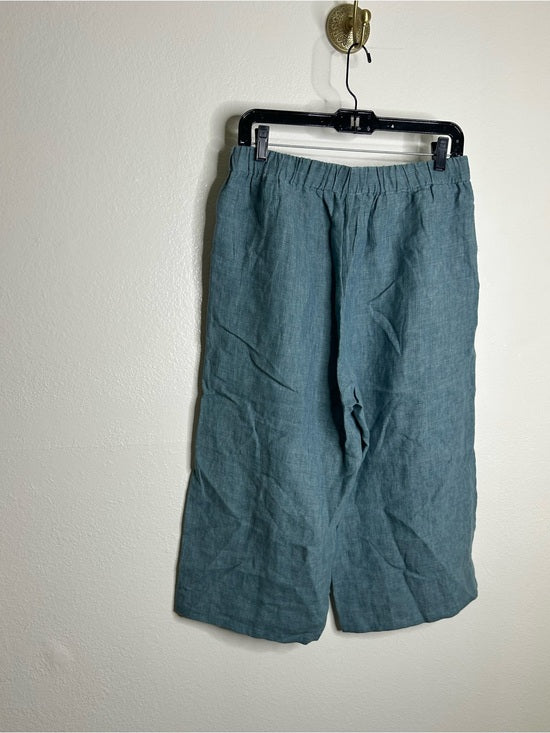 Eileen Fisher 100% Organic Linen Blue Straight Leg Cropped Pull on Pant Petite