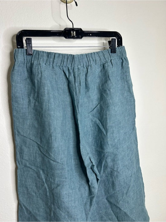 Eileen Fisher 100% Organic Linen Blue Straight Leg Cropped Pull on Pant Petite