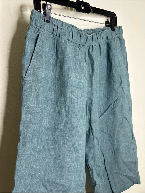Eileen Fisher 100% Organic Linen Blue Straight Leg Cropped Pull on Pant Petite