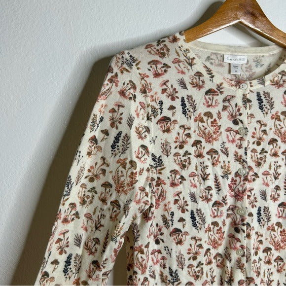 Garnet Hill 100% Merino Wool Mushroom Print Button Down Cardigan Sweater