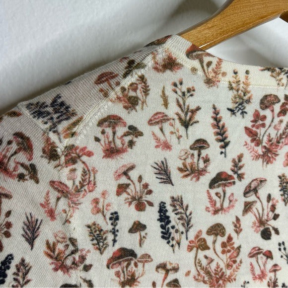 Garnet Hill 100% Merino Wool Mushroom Print Button Down Cardigan Sweater