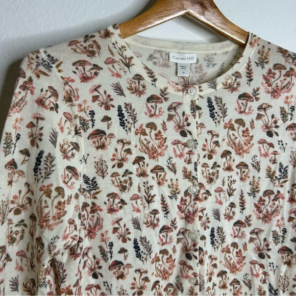 Garnet Hill 100% Merino Wool Mushroom Print Button Down Cardigan Sweater