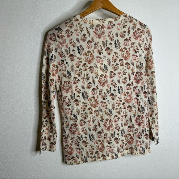 Garnet Hill 100% Merino Wool Mushroom Print Button Down Cardigan Sweater