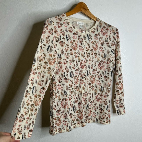 Garnet Hill 100% Merino Wool Mushroom Print Button Down Cardigan Sweater