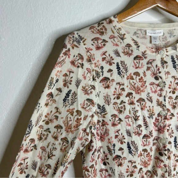 Garnet Hill 100% Merino Wool Mushroom Print Button Down Cardigan Sweater