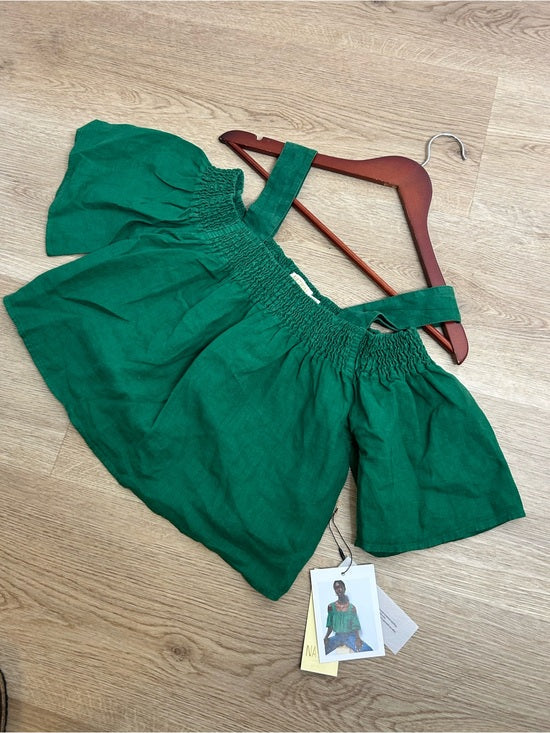 Nation LTD 100% Linen Off The Shoulder Ruched Green Tank Blouse