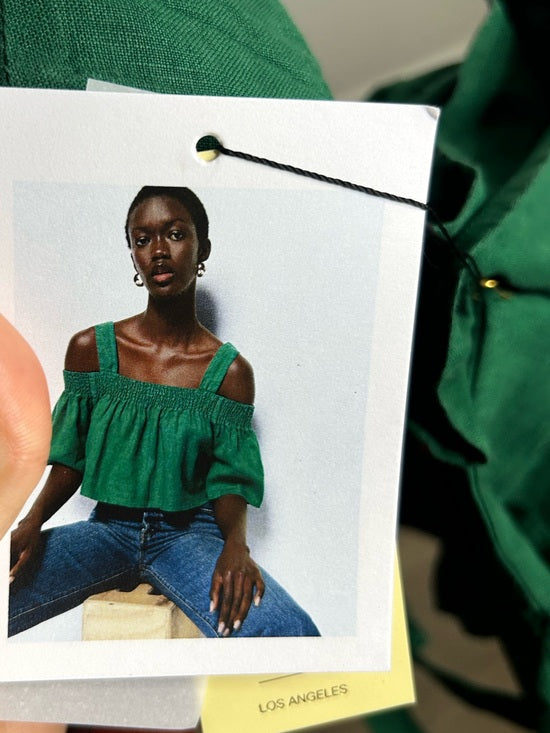 Nation LTD 100% Linen Off The Shoulder Ruched Green Tank Blouse
