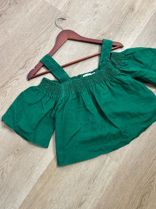 Nation LTD 100% Linen Off The Shoulder Ruched Green Tank Blouse