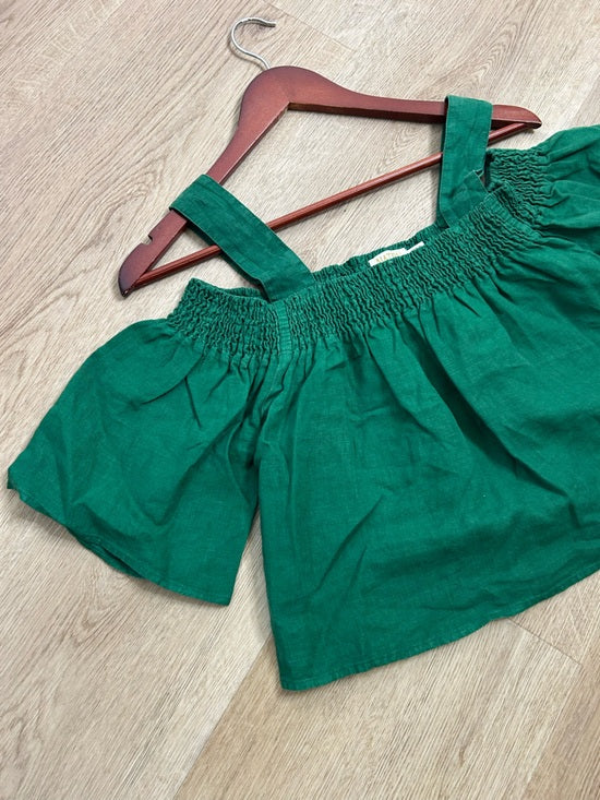 Nation LTD 100% Linen Off The Shoulder Ruched Green Tank Blouse