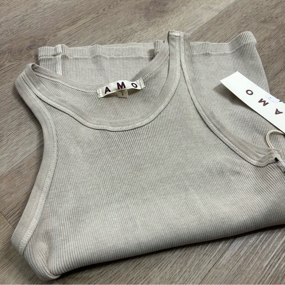 AMO AMO 100% Cotton Ribbed Scoop Neck Tan Tank Top - Cotton