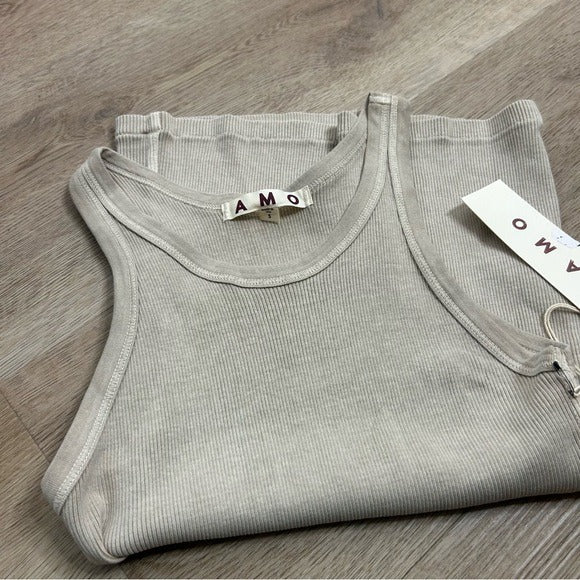 AMO AMO 100% Cotton Ribbed Scoop Neck Tan Tank Top - Cotton