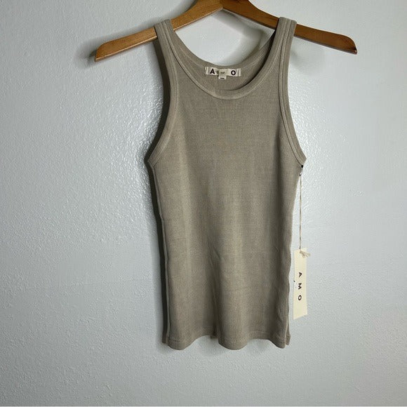AMO AMO 100% Cotton Ribbed Scoop Neck Tan Tank Top - Cotton