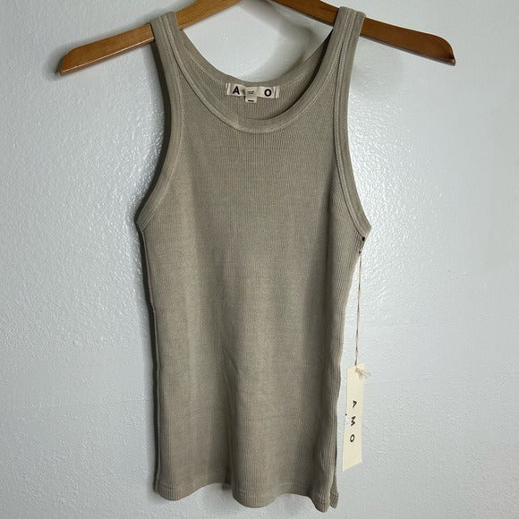 AMO 100% Cotton Ribbed Scoop Neck Tan Tank Top