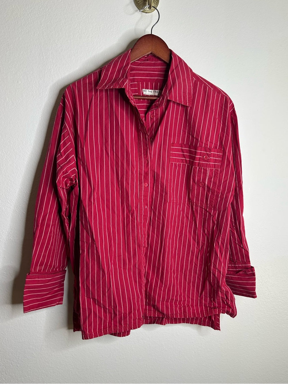 Free People Free People 100% Cotton Hallie French Cuff Stripe Button Down Top in Red - Cotton