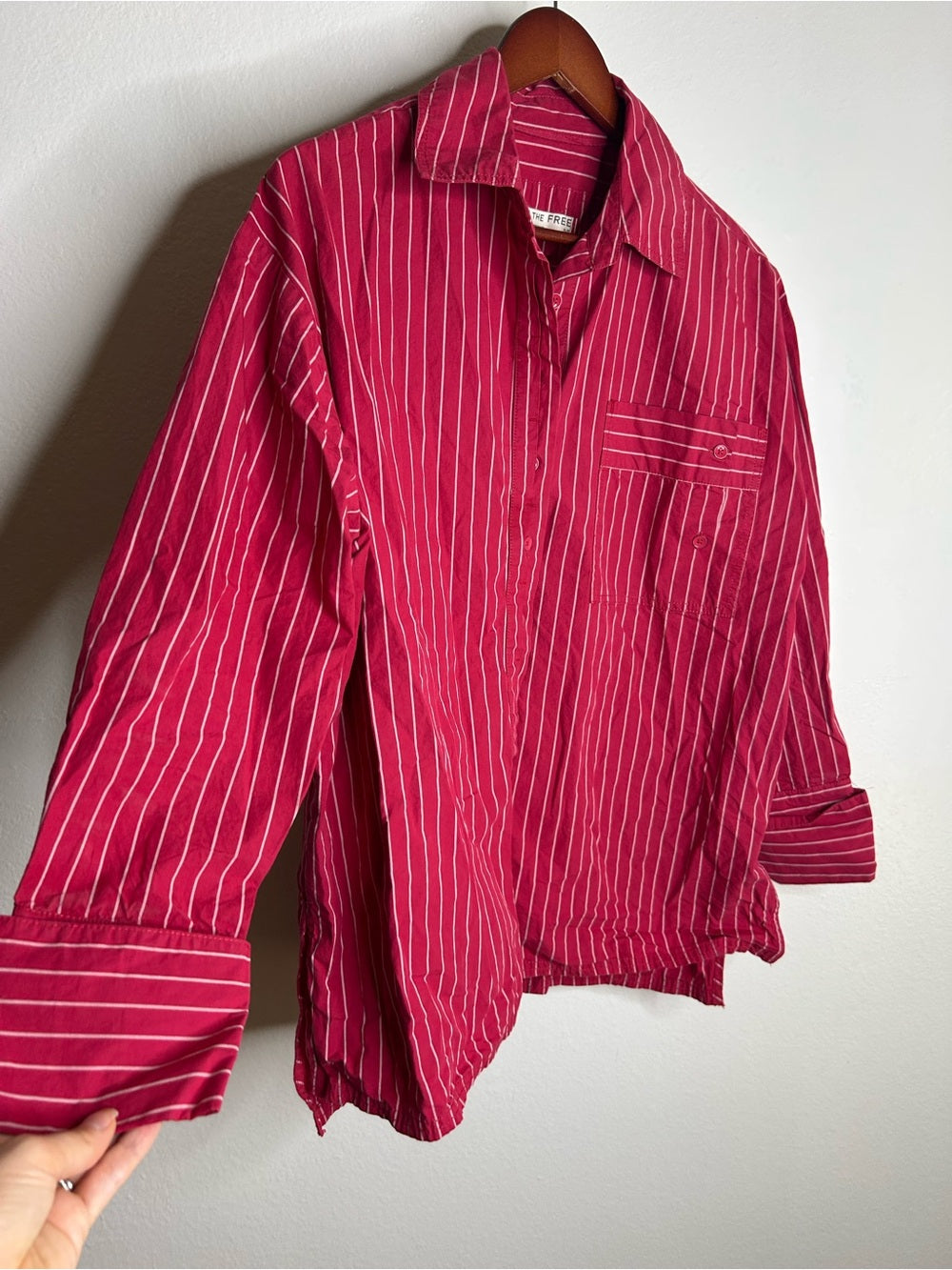 Free People 100% Cotton Hallie French Cuff Stripe Button Down Top in Red