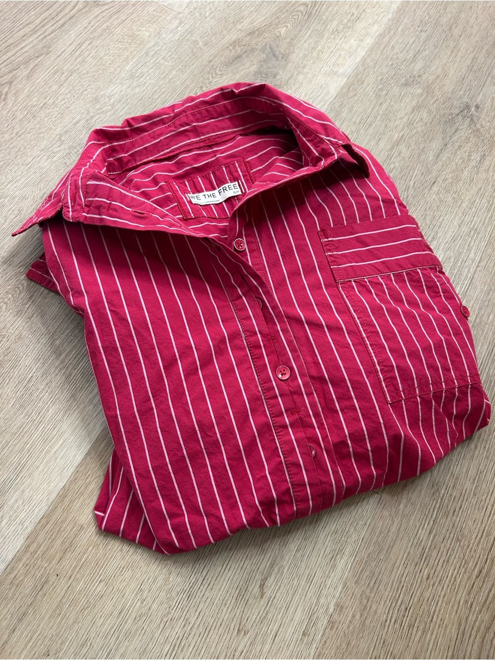 Free People 100% Cotton Hallie French Cuff Stripe Button Down Top in Red