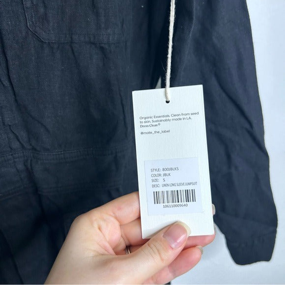 Mate The Label 100% Linen Black Utility Style Long Sleeve Jumpsuit