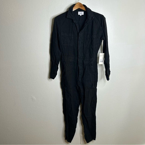 MATE the Label Mate The Label 100% Linen Black Utility Style Long Sleeve Jumpsuit - Linen