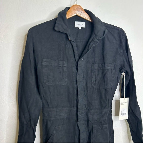 MATE the Label Mate The Label 100% Linen Black Utility Style Long Sleeve Jumpsuit - Linen