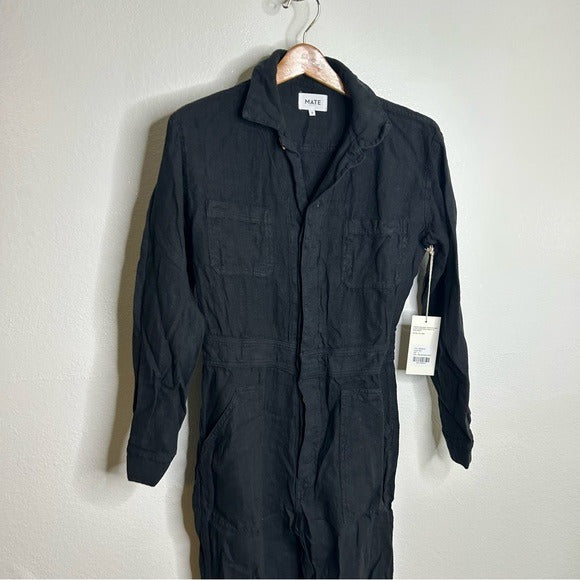 MATE the Label Mate The Label 100% Linen Black Utility Style Long Sleeve Jumpsuit - Linen